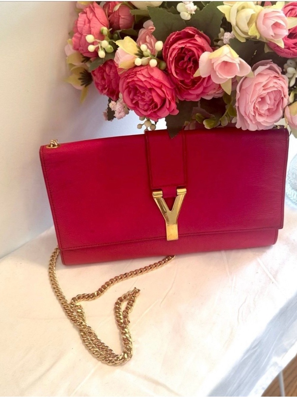 Yves Saint Laurent Fuchsia Leather Crossbody with Gold Y Accent